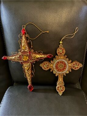 Large Christmas Ornate Gold Cross Holiday Ornaments - Set of 2